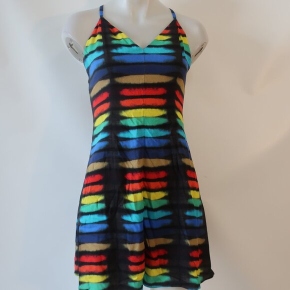 Women Alice + Olivia Rainbow Print Block Tie Dye Strappy Mini Dress 4 - Picture 5 of 10